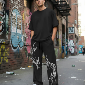 Men Solid Black Loose Fit Pants with White Tribal Print