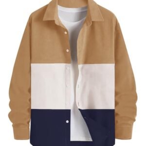 men's beige, white, and navy blue color block casual shirt