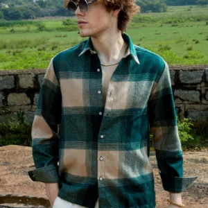Campus Sutra men's emerald green and buff beige vignette-checkered oversized shirt.