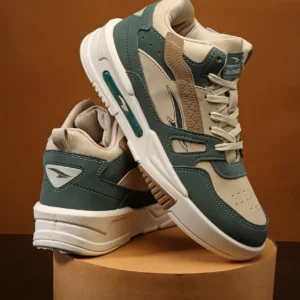 ASIAN MEXICO-11 colourblocked round-toe mid-top sneakers for men in beige and green.