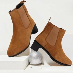 FAUSTO Women Camel Flared Heel High Ankle Suede Leather Classic Winter Chelsea Boots.