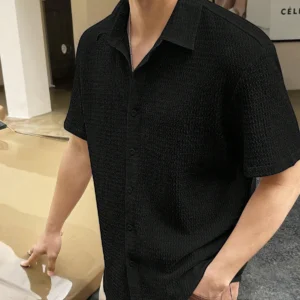men's black short-sleeve textured casual shirt